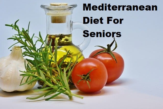 Tomatoes, garlic and olive oil with the title mediterranean diet for seniors